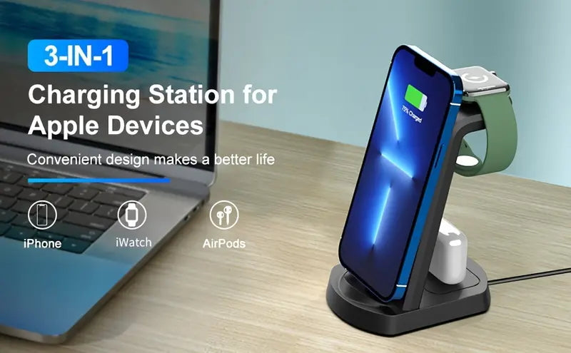 3-in-1 Wireless Charging Station, 15W Fast Wireless Charger Stand, Wireless Charging with QC3.0 Adapter for iPhone 15, 14, 13, 12, 11/Pro/Max/Mini/Plus, X, XR, XS/Max, SE, 8/Plus, for iWatch 1-9, for Airpods 3/2/Pro