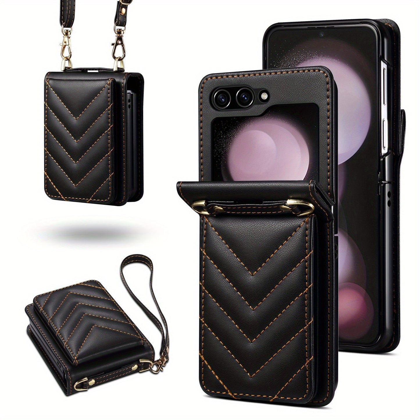 For Samsung Z Filp6 Case Foldable Leather Case Crossbody Strap