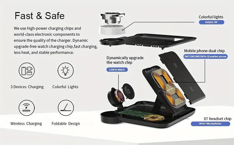 Foldable 3-in-1 Wireless Charging Station, 15W Fast Wireless Charger Stand, Night Light Wireless Charging for iPhone 15, 14, 13, 12, 11/Pro/Max/Mini/Plus, X, XR, XS/Max, SE, 8/Plus, for iWatch 1-9, for Airpods 3/2/Pro