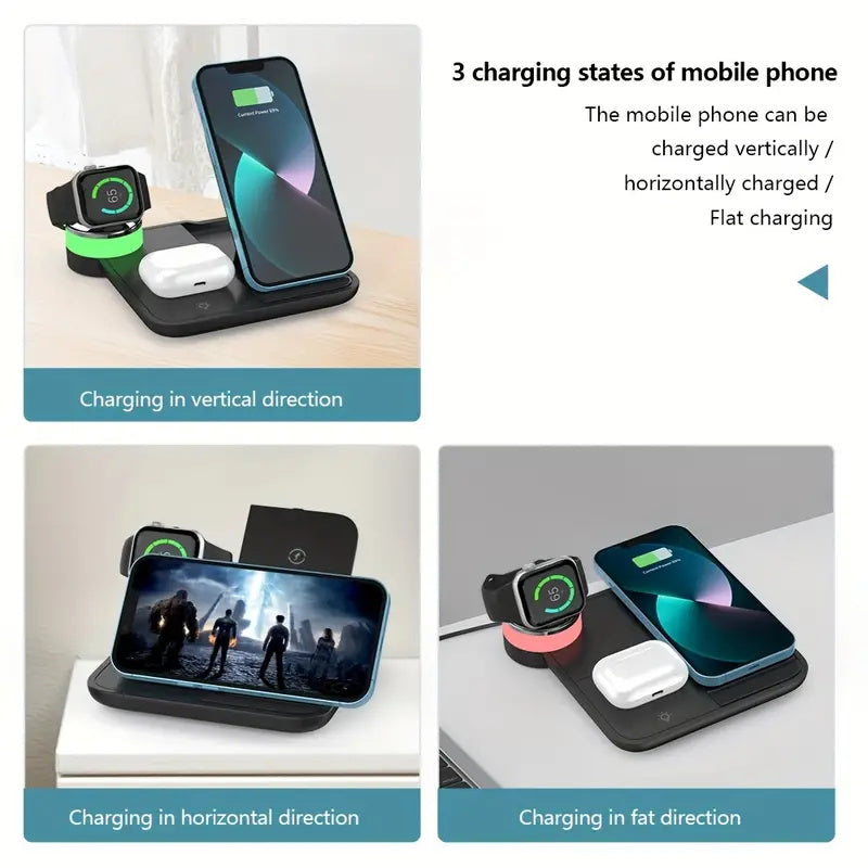 Foldable 3-in-1 Wireless Charging Station, 15W Fast Wireless Charger Stand, Night Light Wireless Charging for iPhone 15, 14, 13, 12, 11/Pro/Max/Mini/Plus, X, XR, XS/Max, SE, 8/Plus, for iWatch 1-9, for Airpods 3/2/Pro
