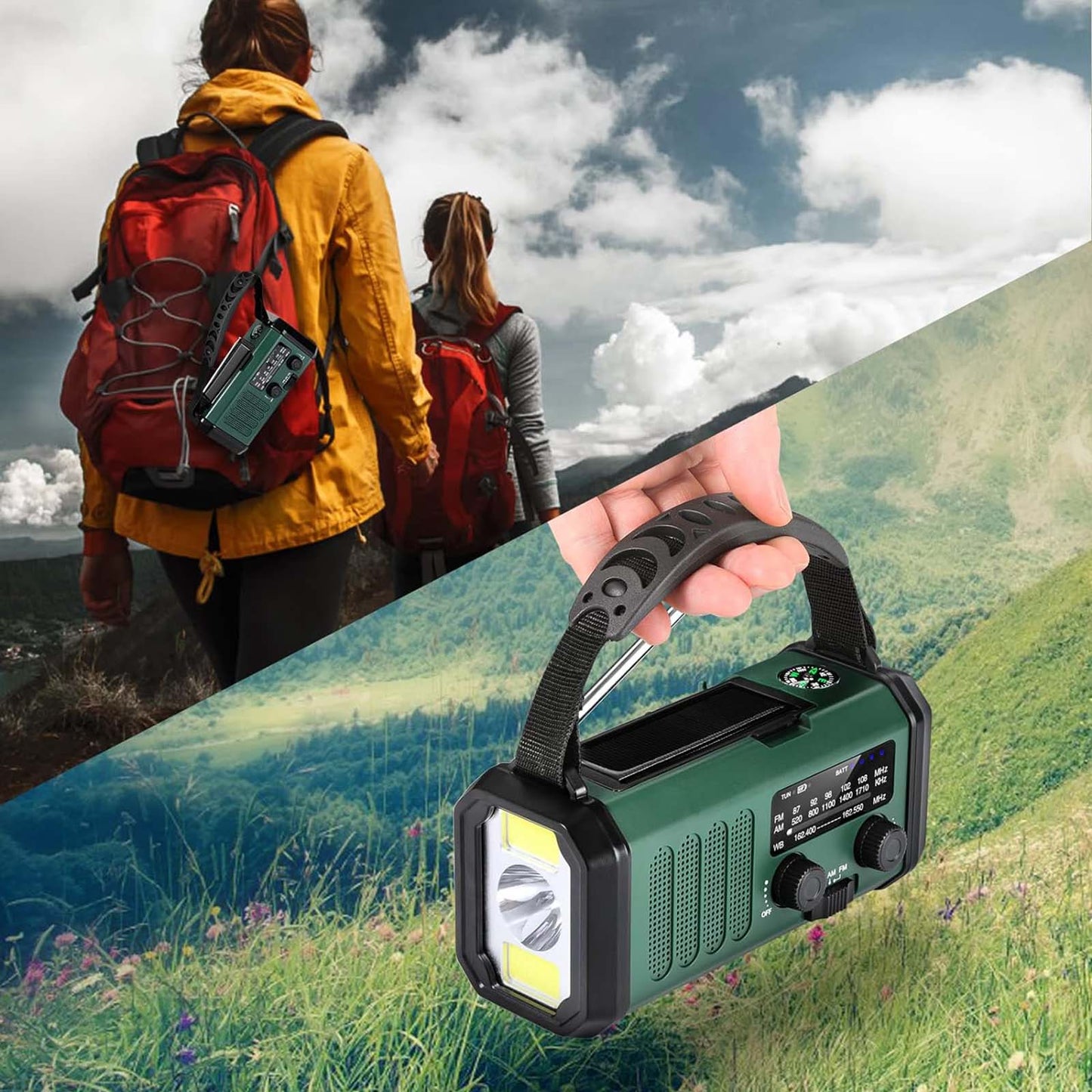 10000Mah Crank Radio, Emergency Radio, Solar Radio, Noaa/Am/Fm Weather Radio, Usb Type-C Charging, Dynamo Radio, Polymer Battery, Torch & Led Reading Light, Sos Alarm, Compass For Camping Green/Black