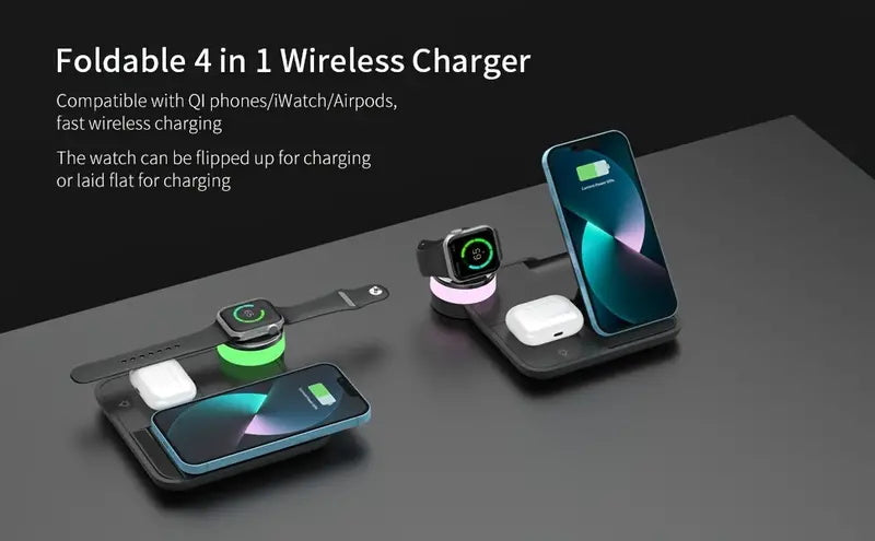 Foldable 3-in-1 Wireless Charging Station, 15W Fast Wireless Charger Stand, Night Light Wireless Charging for iPhone 15, 14, 13, 12, 11/Pro/Max/Mini/Plus, X, XR, XS/Max, SE, 8/Plus, for iWatch 1-9, for Airpods 3/2/Pro