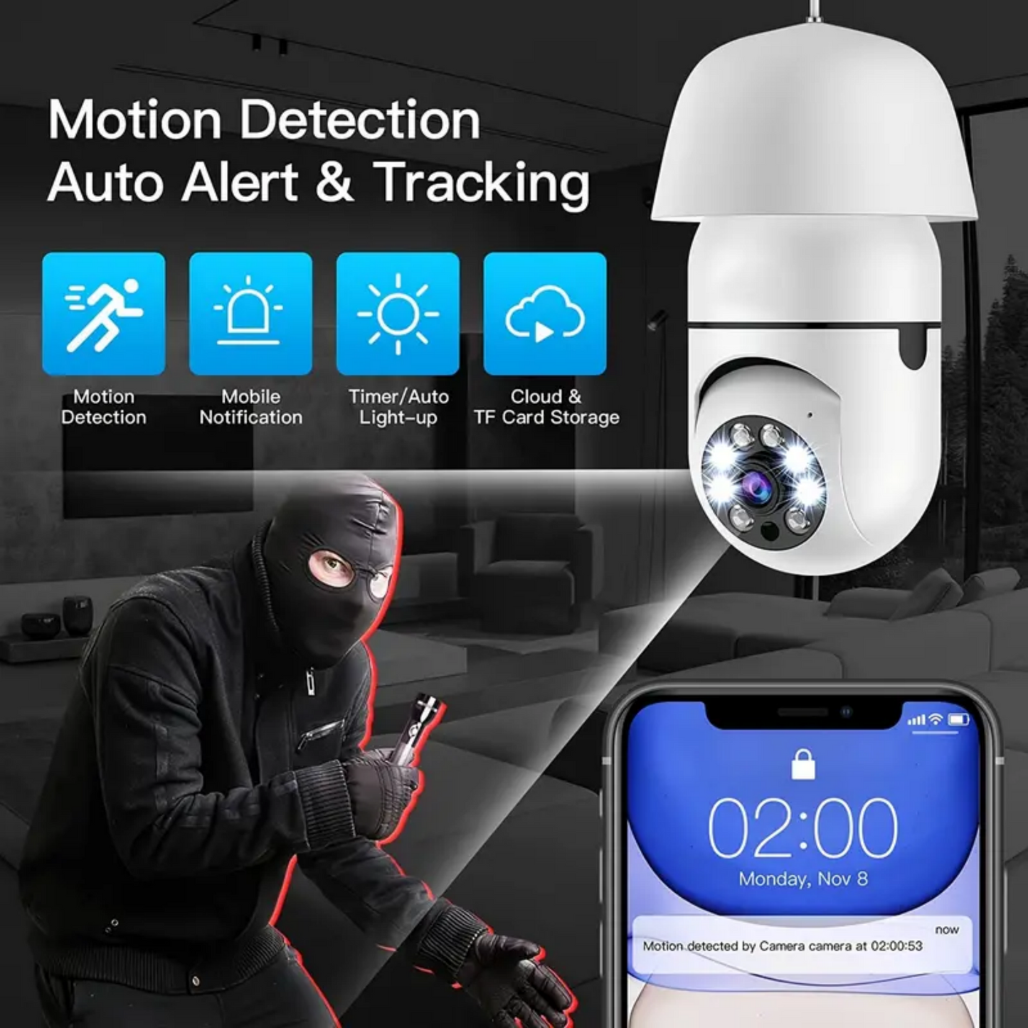 360" Wireless Bulb Security Camera Indoor/Outdoor Pan Tilt Zoom Camera with 360 Degree Motion Tracking, Color Night Vision
