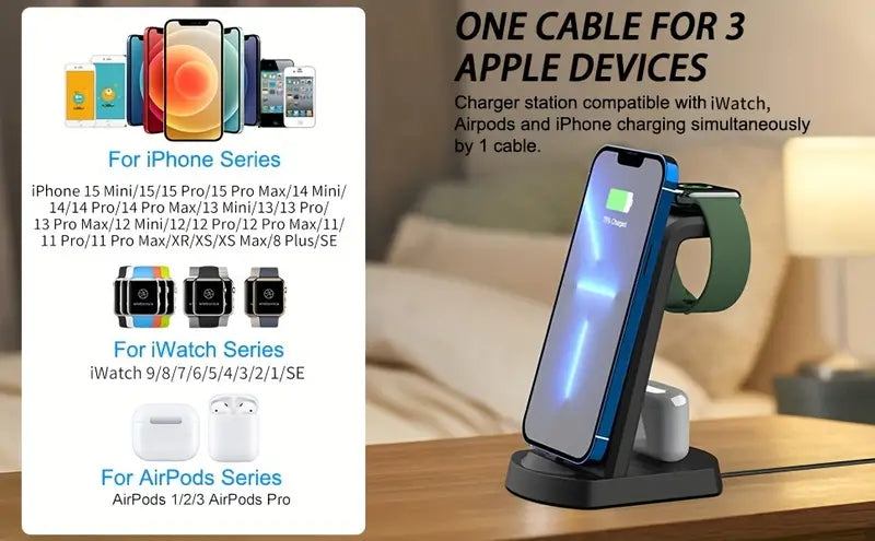 3-in-1 Wireless Charging Station, 15W Fast Wireless Charger Stand, Wireless Charging with QC3.0 Adapter for iPhone 15, 14, 13, 12, 11/Pro/Max/Mini/Plus, X, XR, XS/Max, SE, 8/Plus, for iWatch 1-9, for Airpods 3/2/Pro