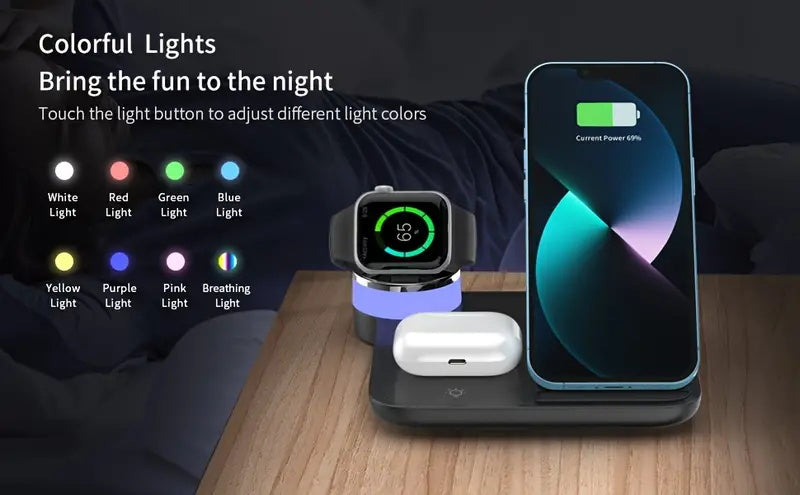 Foldable 3-in-1 Wireless Charging Station, 15W Fast Wireless Charger Stand, Night Light Wireless Charging for iPhone 15, 14, 13, 12, 11/Pro/Max/Mini/Plus, X, XR, XS/Max, SE, 8/Plus, for iWatch 1-9, for Airpods 3/2/Pro