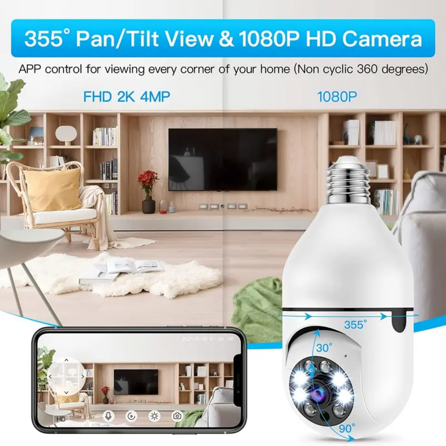 360" Wireless Bulb Security Camera Indoor/Outdoor Pan Tilt Zoom Camera with 360 Degree Motion Tracking, Color Night Vision