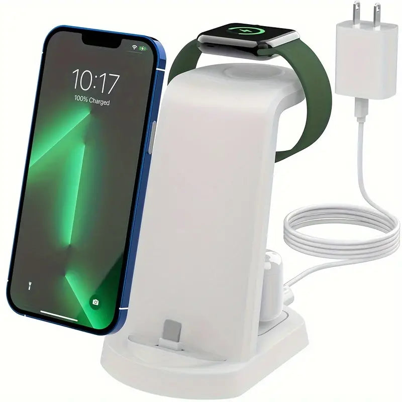 3-in-1 Wireless Charging Station, 15W Fast Wireless Charger Stand, Wireless Charging with QC3.0 Adapter for iPhone 15, 14, 13, 12, 11/Pro/Max/Mini/Plus, X, XR, XS/Max, SE, 8/Plus, for iWatch 1-9, for Airpods 3/2/Pro