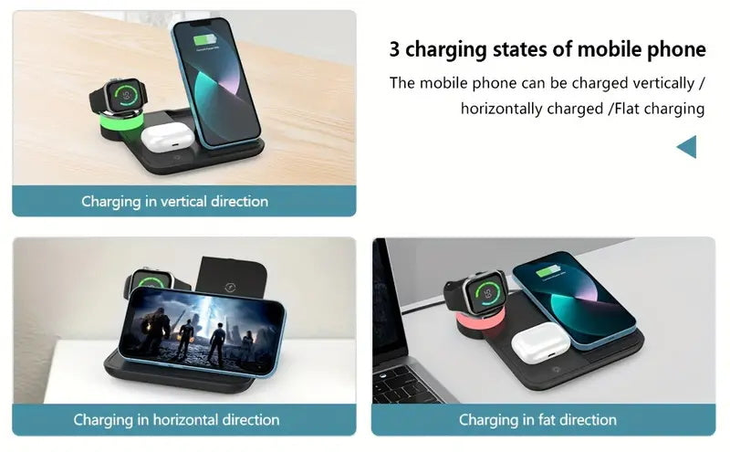 Foldable 3-in-1 Wireless Charging Station, 15W Fast Wireless Charger Stand, Night Light Wireless Charging for iPhone 15, 14, 13, 12, 11/Pro/Max/Mini/Plus, X, XR, XS/Max, SE, 8/Plus, for iWatch 1-9, for Airpods 3/2/Pro