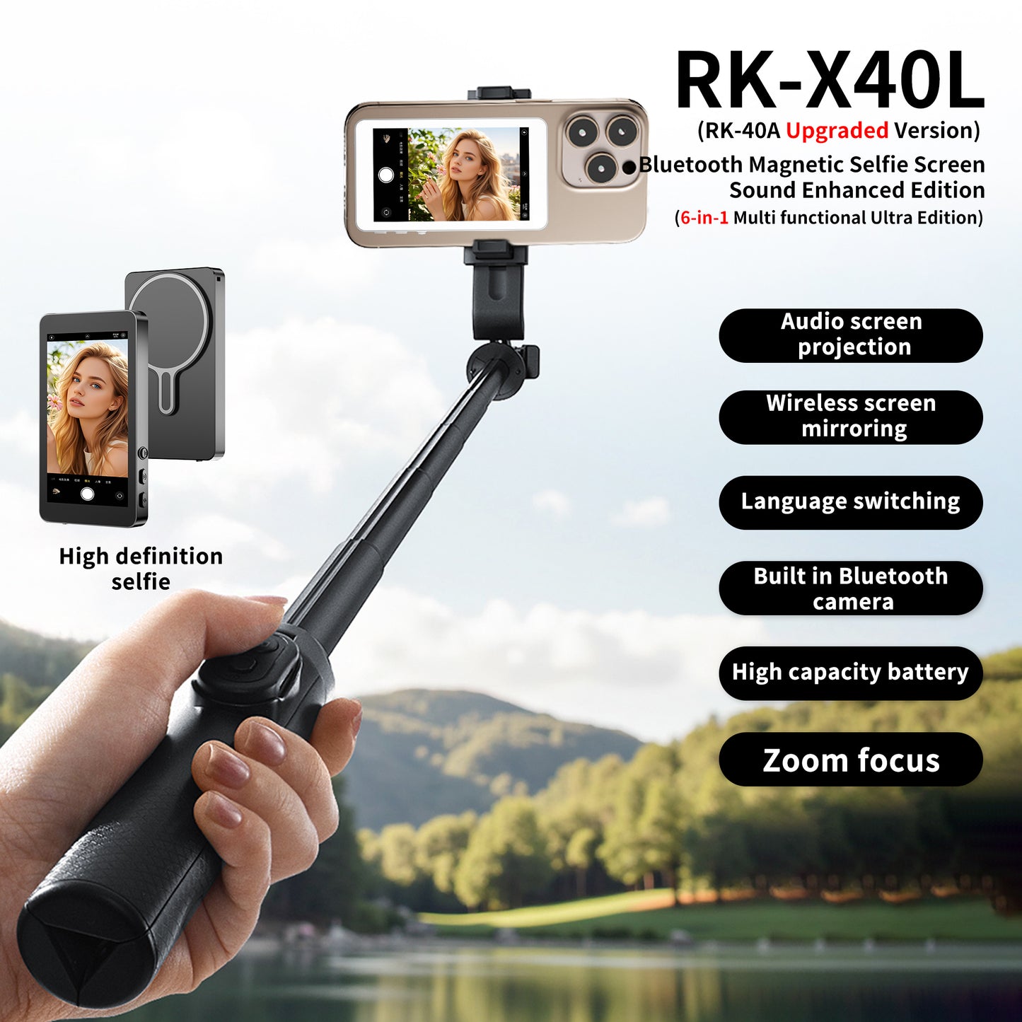 X40L Mobile Phone Selfie Screen Mirroring Device
（Sound+Focusing+Lanyard+Photo Edition）
（RK-X40A Upgraded Version）