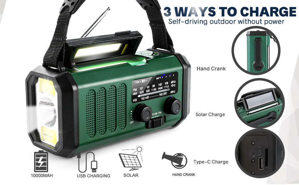 10000Mah Crank Radio, Emergency Radio, Solar Radio, Noaa/Am/Fm Weather Radio, Usb Type-C Charging, Dynamo Radio, Polymer Battery, Torch & Led Reading Light, Sos Alarm, Compass For Camping Green/Black
