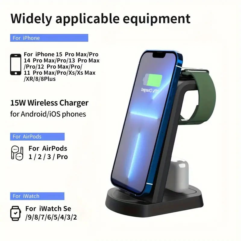3-in-1 Wireless Charging Station, 15W Fast Wireless Charger Stand, Wireless Charging with QC3.0 Adapter for iPhone 15, 14, 13, 12, 11/Pro/Max/Mini/Plus, X, XR, XS/Max, SE, 8/Plus, for iWatch 1-9, for Airpods 3/2/Pro