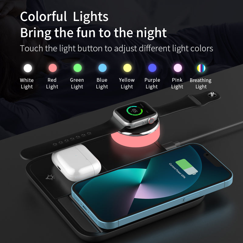 Foldable 3-in-1 Wireless Charging Station, 15W Fast Wireless Charger Stand, Night Light Wireless Charging for iPhone 15, 14, 13, 12, 11/Pro/Max/Mini/Plus, X, XR, XS/Max, SE, 8/Plus, for iWatch 1-9, for Airpods 3/2/Pro