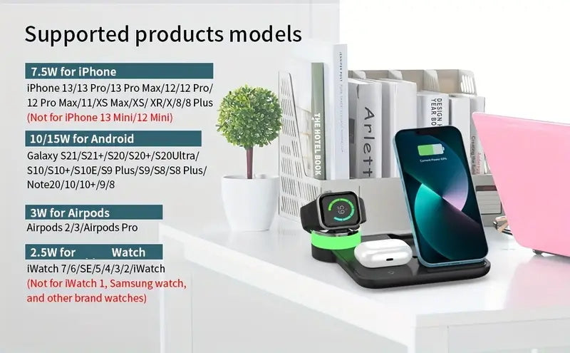 Foldable 3-in-1 Wireless Charging Station, 15W Fast Wireless Charger Stand, Night Light Wireless Charging for iPhone 15, 14, 13, 12, 11/Pro/Max/Mini/Plus, X, XR, XS/Max, SE, 8/Plus, for iWatch 1-9, for Airpods 3/2/Pro
