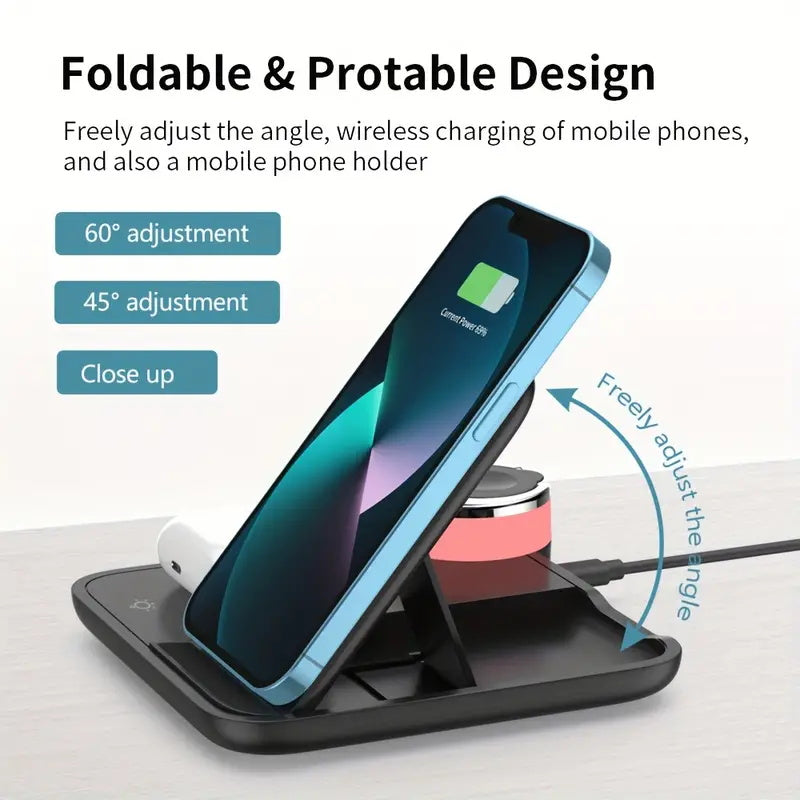 Foldable 3-in-1 Wireless Charging Station, 15W Fast Wireless Charger Stand, Night Light Wireless Charging for iPhone 15, 14, 13, 12, 11/Pro/Max/Mini/Plus, X, XR, XS/Max, SE, 8/Plus, for iWatch 1-9, for Airpods 3/2/Pro