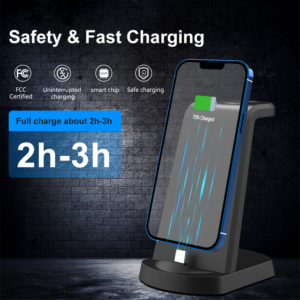 3-in-1 Wireless Charging Station, 15W Fast Wireless Charger Stand, Wireless Charging with QC3.0 Adapter for iPhone 15, 14, 13, 12, 11/Pro/Max/Mini/Plus, X, XR, XS/Max, SE, 8/Plus, for iWatch 1-9, for Airpods 3/2/Pro