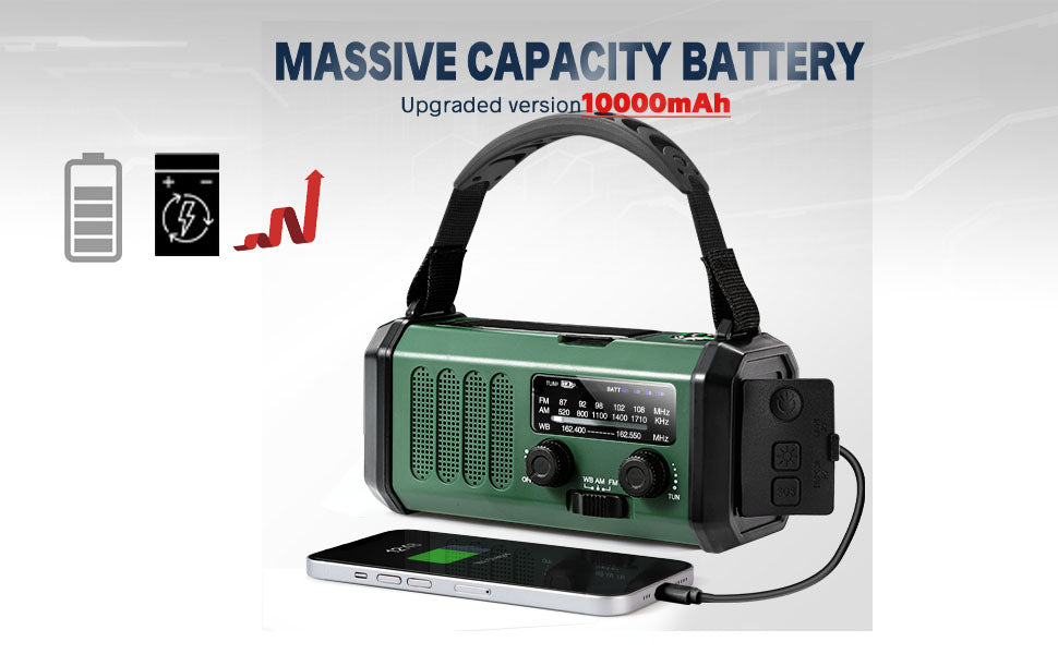 10000Mah Crank Radio, Emergency Radio, Solar Radio, Noaa/Am/Fm Weather Radio, Usb Type-C Charging, Dynamo Radio, Polymer Battery, Torch & Led Reading Light, Sos Alarm, Compass For Camping Green/Black
