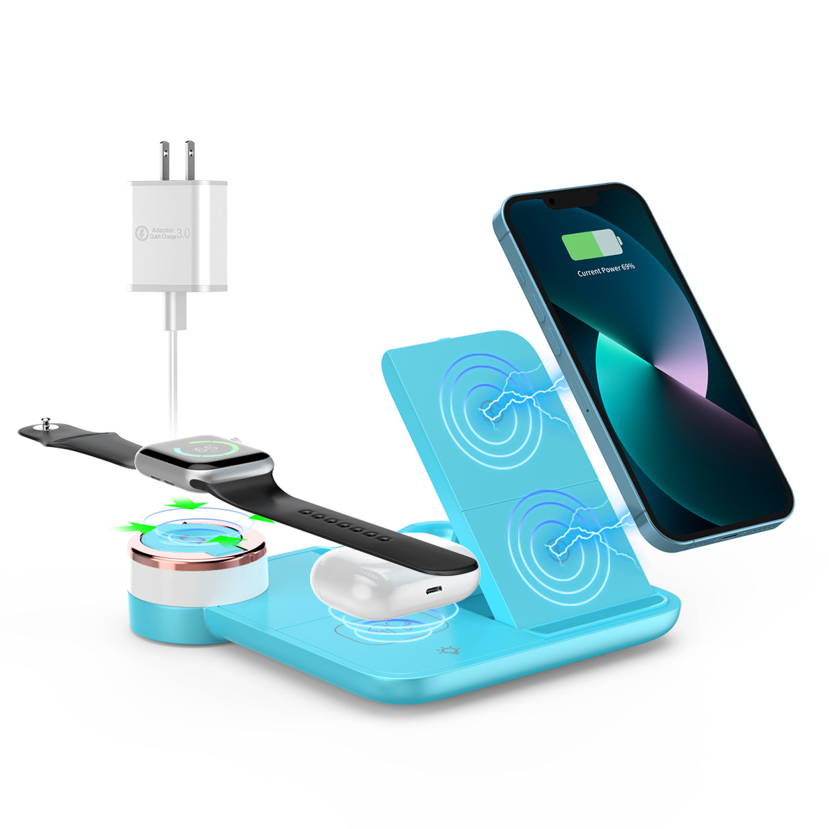 Foldable 3-in-1 Wireless Charging Station, 15W Fast Wireless Charger Stand, Night Light Wireless Charging for iPhone 15, 14, 13, 12, 11/Pro/Max/Mini/Plus, X, XR, XS/Max, SE, 8/Plus, for iWatch 1-9, for Airpods 3/2/Pro