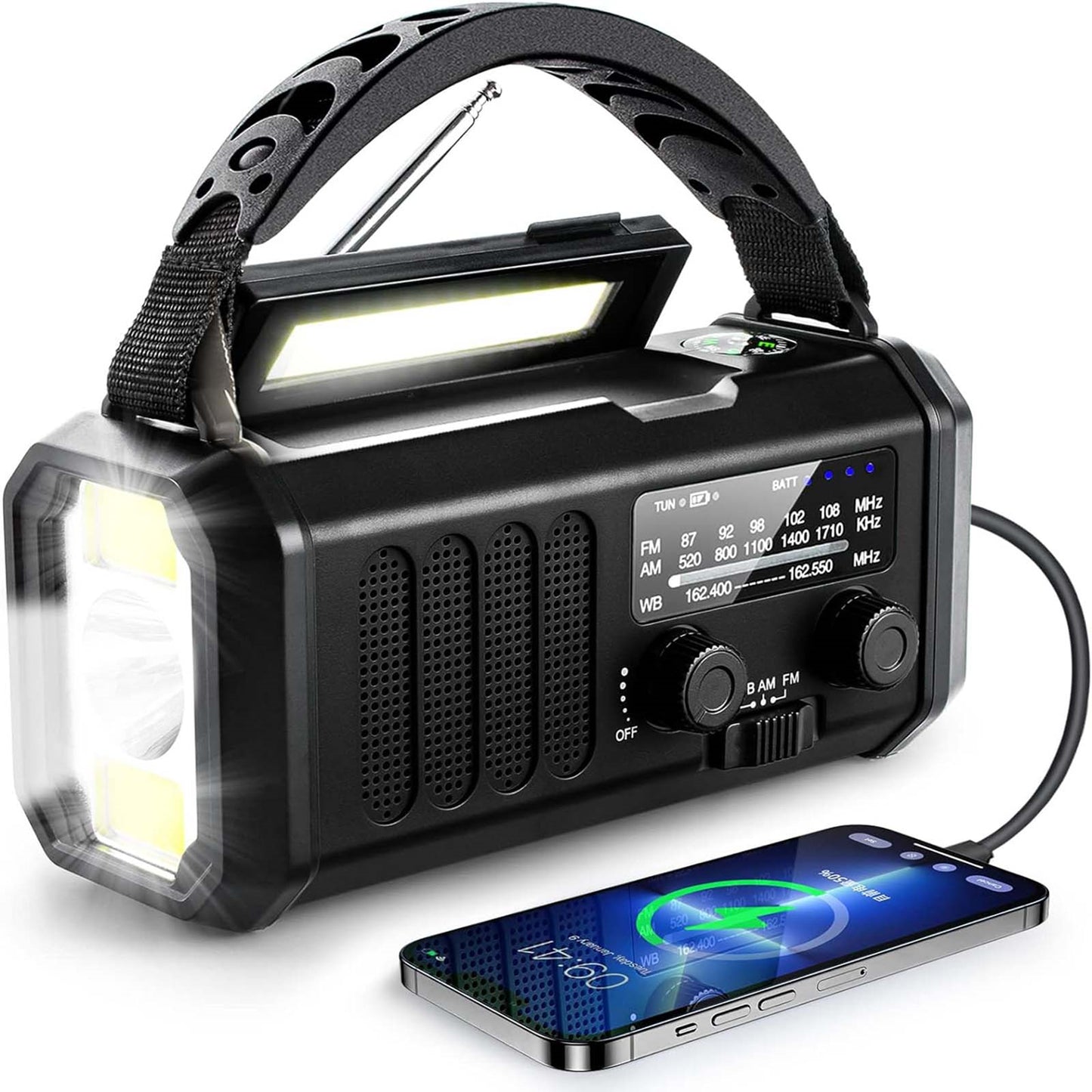 10000Mah Crank Radio, Emergency Radio, Solar Radio, Noaa/Am/Fm Weather Radio, Usb Type-C Charging, Dynamo Radio, Polymer Battery, Torch & Led Reading Light, Sos Alarm, Compass For Camping Green/Black