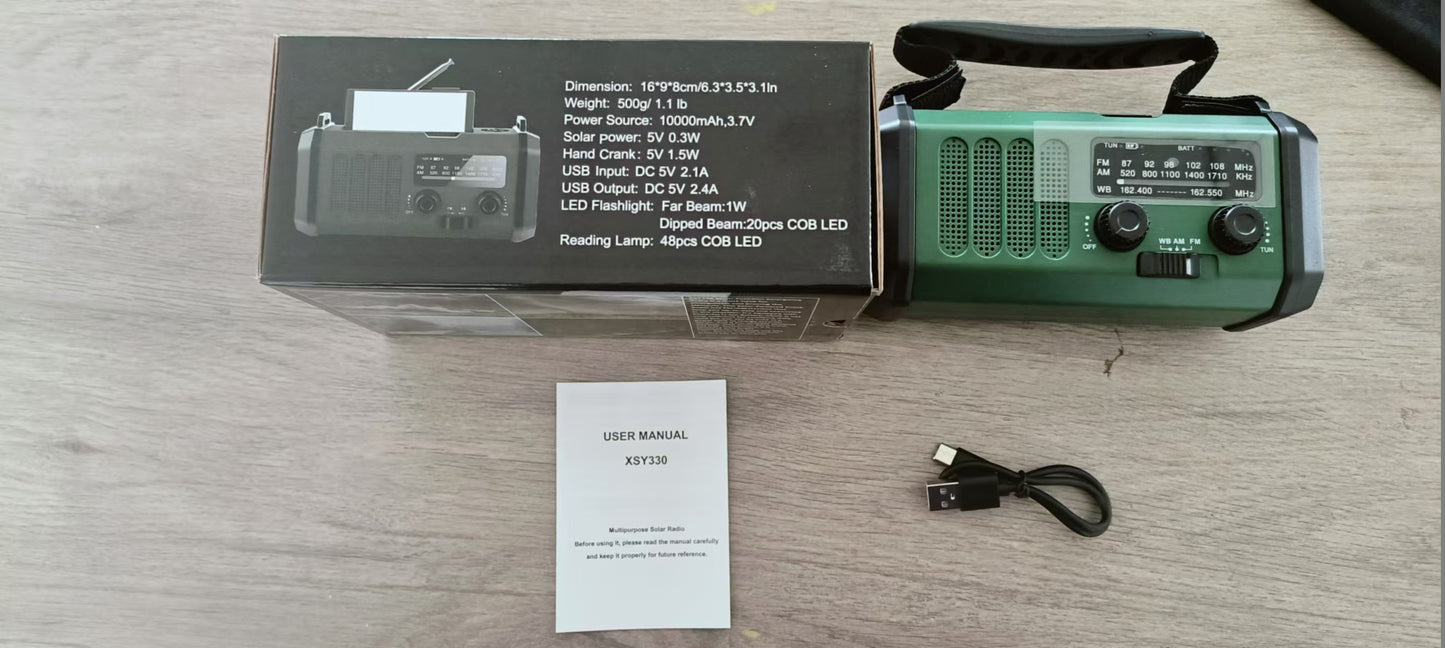 10000Mah Crank Radio, Emergency Radio, Solar Radio, Noaa/Am/Fm Weather Radio, Usb Type-C Charging, Dynamo Radio, Polymer Battery, Torch & Led Reading Light, Sos Alarm, Compass For Camping Green/Black