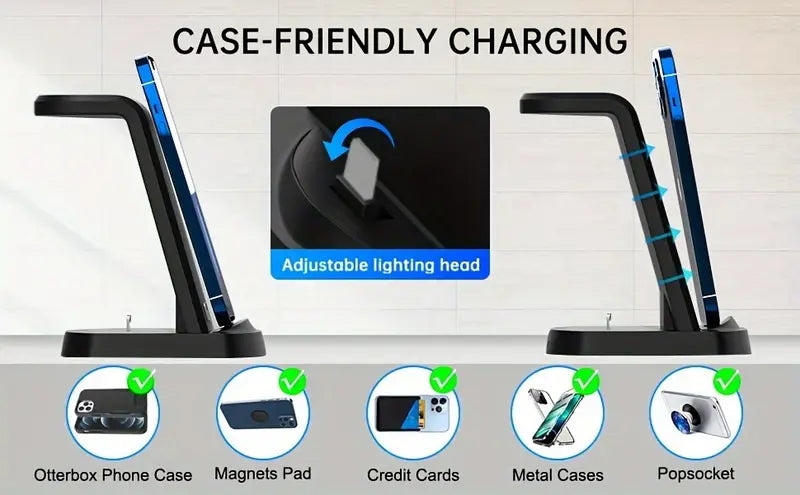 3-in-1 Wireless Charging Station, 15W Fast Wireless Charger Stand, Wireless Charging with QC3.0 Adapter for iPhone 15, 14, 13, 12, 11/Pro/Max/Mini/Plus, X, XR, XS/Max, SE, 8/Plus, for iWatch 1-9, for Airpods 3/2/Pro