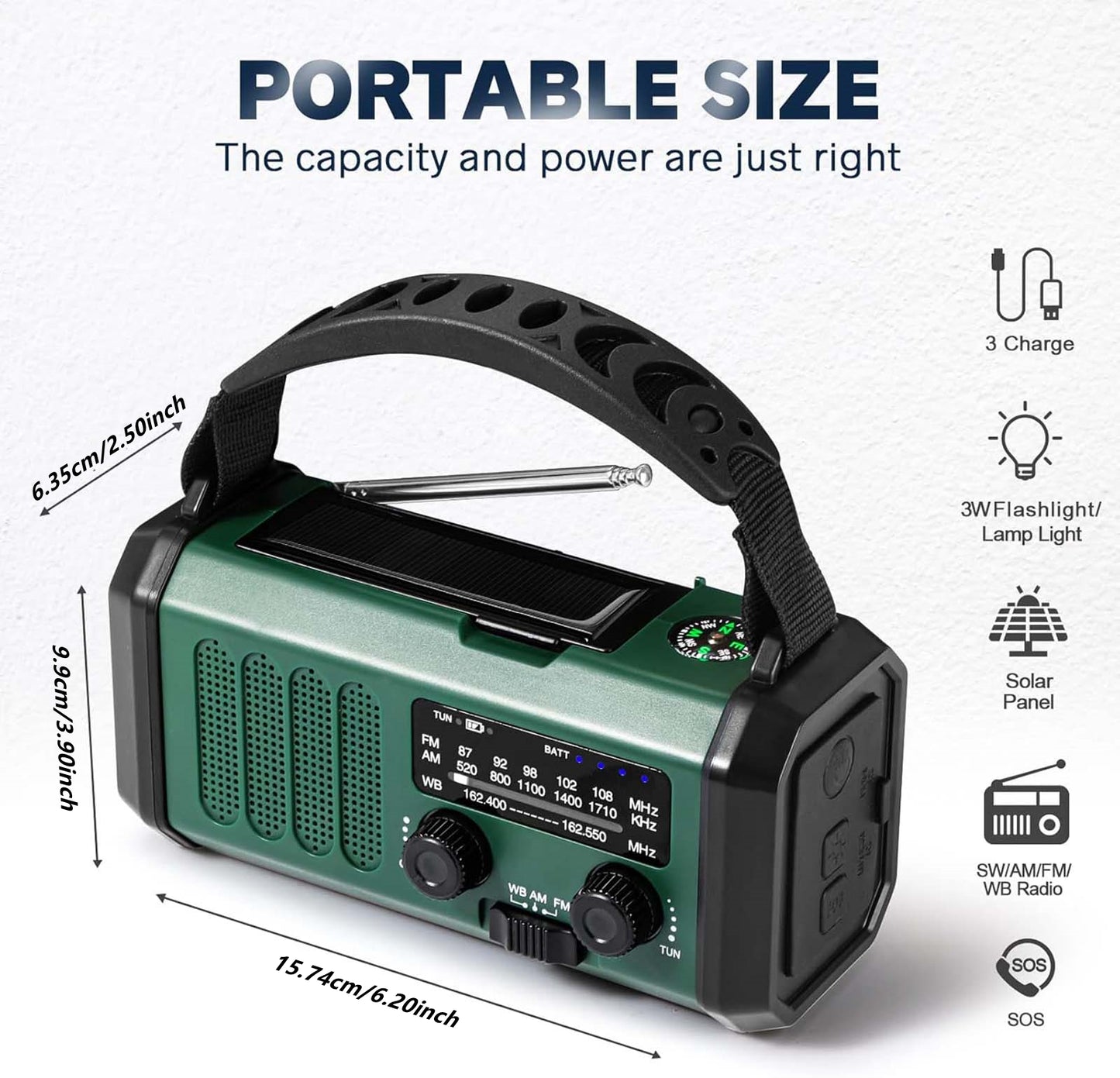 10000Mah Crank Radio, Emergency Radio, Solar Radio, Noaa/Am/Fm Weather Radio, Usb Type-C Charging, Dynamo Radio, Polymer Battery, Torch & Led Reading Light, Sos Alarm, Compass For Camping Green/Black