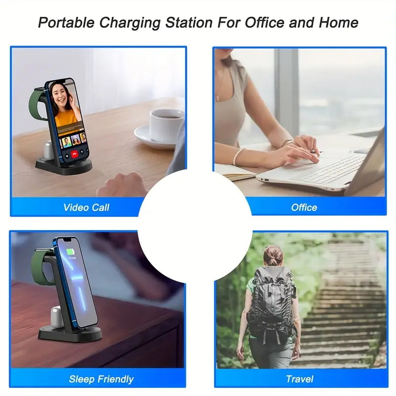 3-in-1 Wireless Charging Station, 15W Fast Wireless Charger Stand, Wireless Charging with QC3.0 Adapter for iPhone 15, 14, 13, 12, 11/Pro/Max/Mini/Plus, X, XR, XS/Max, SE, 8/Plus, for iWatch 1-9, for Airpods 3/2/Pro
