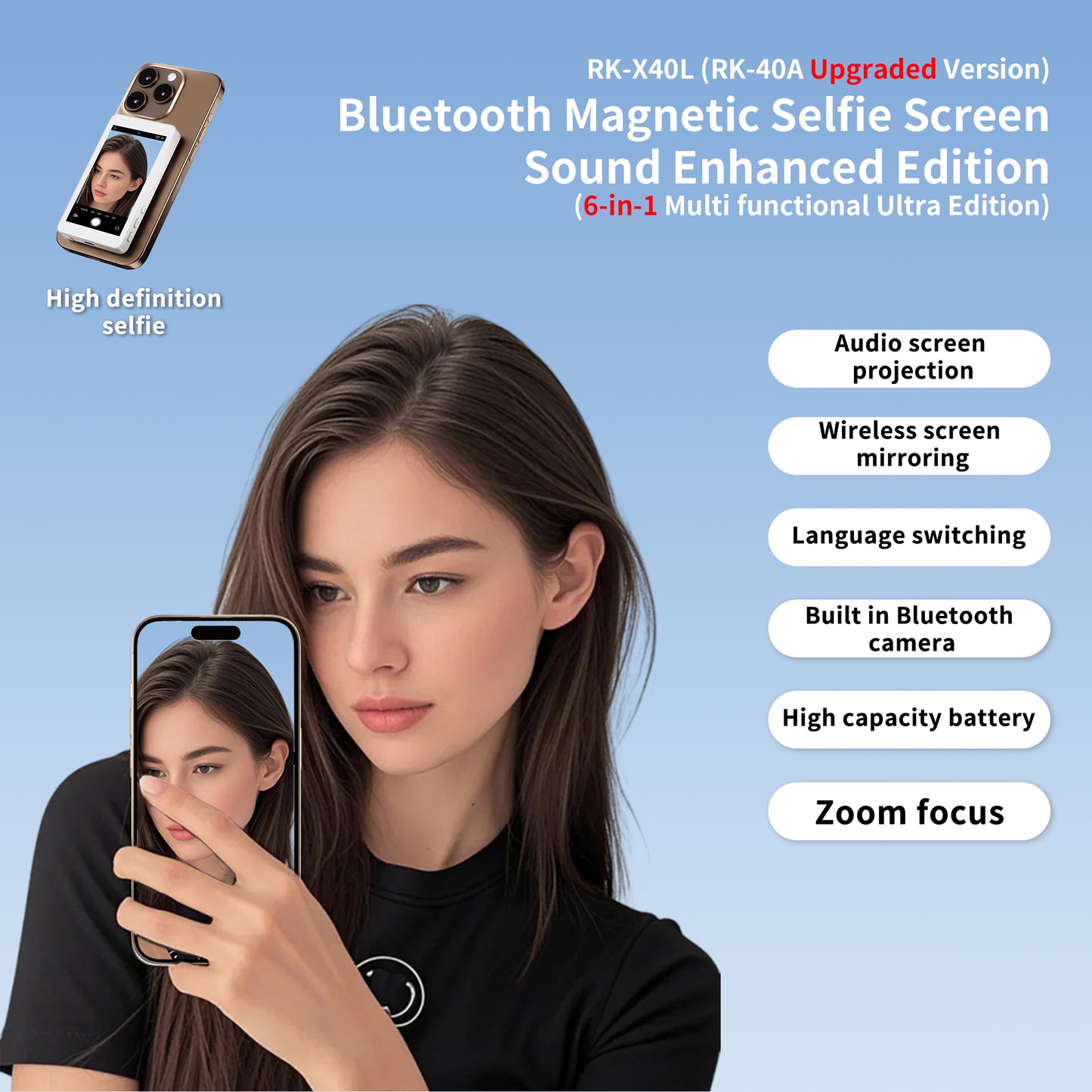 X40L Mobile Phone Selfie Screen Mirroring Device
（Sound+Focusing+Lanyard+Photo Edition）
（RK-X40A Upgraded Version）
