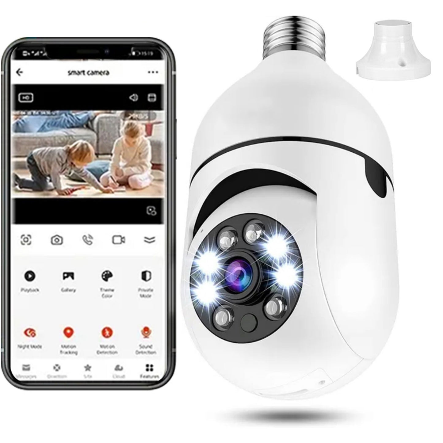 360" Wireless Bulb Security Camera Indoor/Outdoor Pan Tilt Zoom Camera with 360 Degree Motion Tracking, Color Night Vision