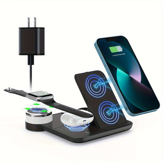 Foldable 3-in-1 Wireless Charging Station, 15W Fast Wireless Charger Stand, Night Light Wireless Charging for iPhone 15, 14, 13, 12, 11/Pro/Max/Mini/Plus, X, XR, XS/Max, SE, 8/Plus, for iWatch 1-9, for Airpods 3/2/Pro