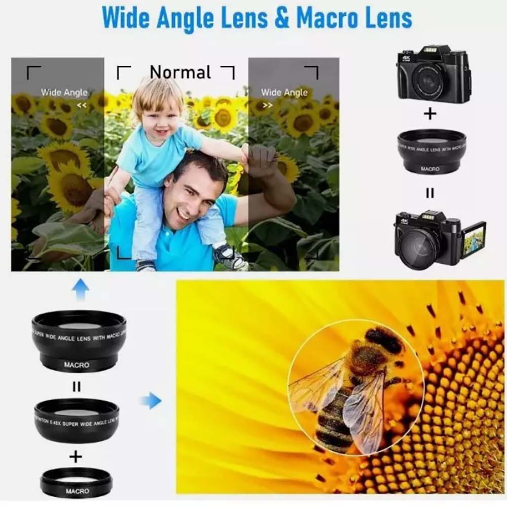 Digital Cameras for Photography, 4K 48MP Vlogging Camera 16X Digital Zoom Manual Focus Students Compact Camera with 52mm Wide-Angle Lens & Macro Lens, 32G Micro Card