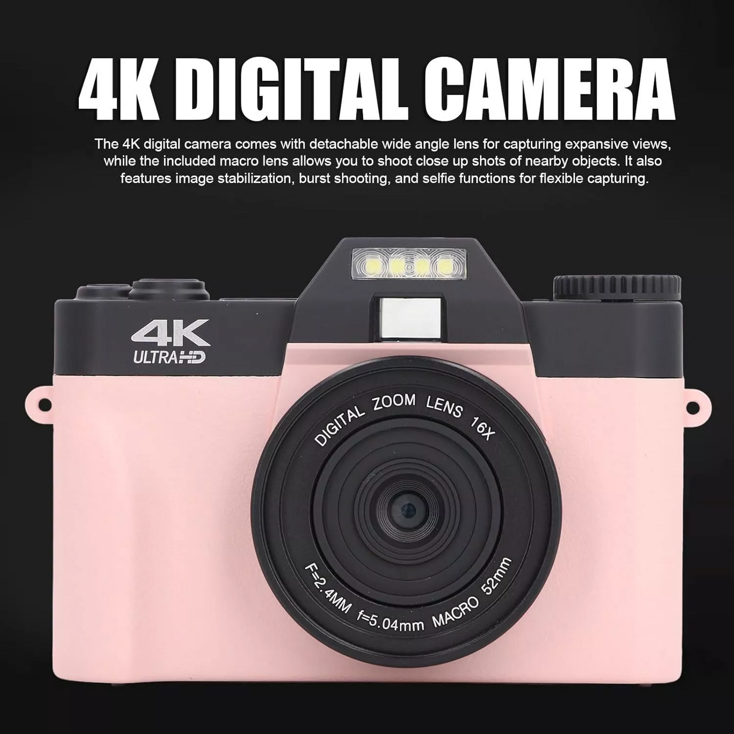 Digital Cameras for Photography, 4K 48MP Vlogging Camera 16X Digital Zoom Manual Focus Students Compact Camera with 52mm Wide-Angle Lens & Macro Lens, 32G Micro Card