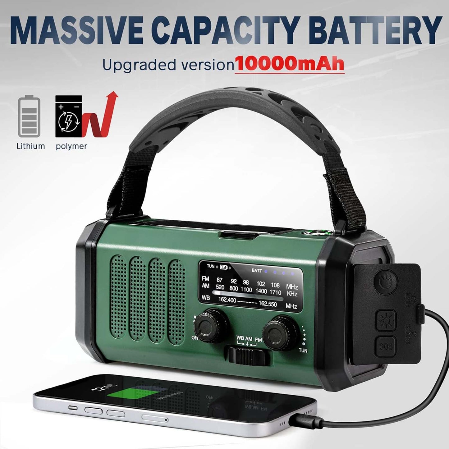 10000Mah Crank Radio, Emergency Radio, Solar Radio, Noaa/Am/Fm Weather Radio, Usb Type-C Charging, Dynamo Radio, Polymer Battery, Torch & Led Reading Light, Sos Alarm, Compass For Camping Green/Black
