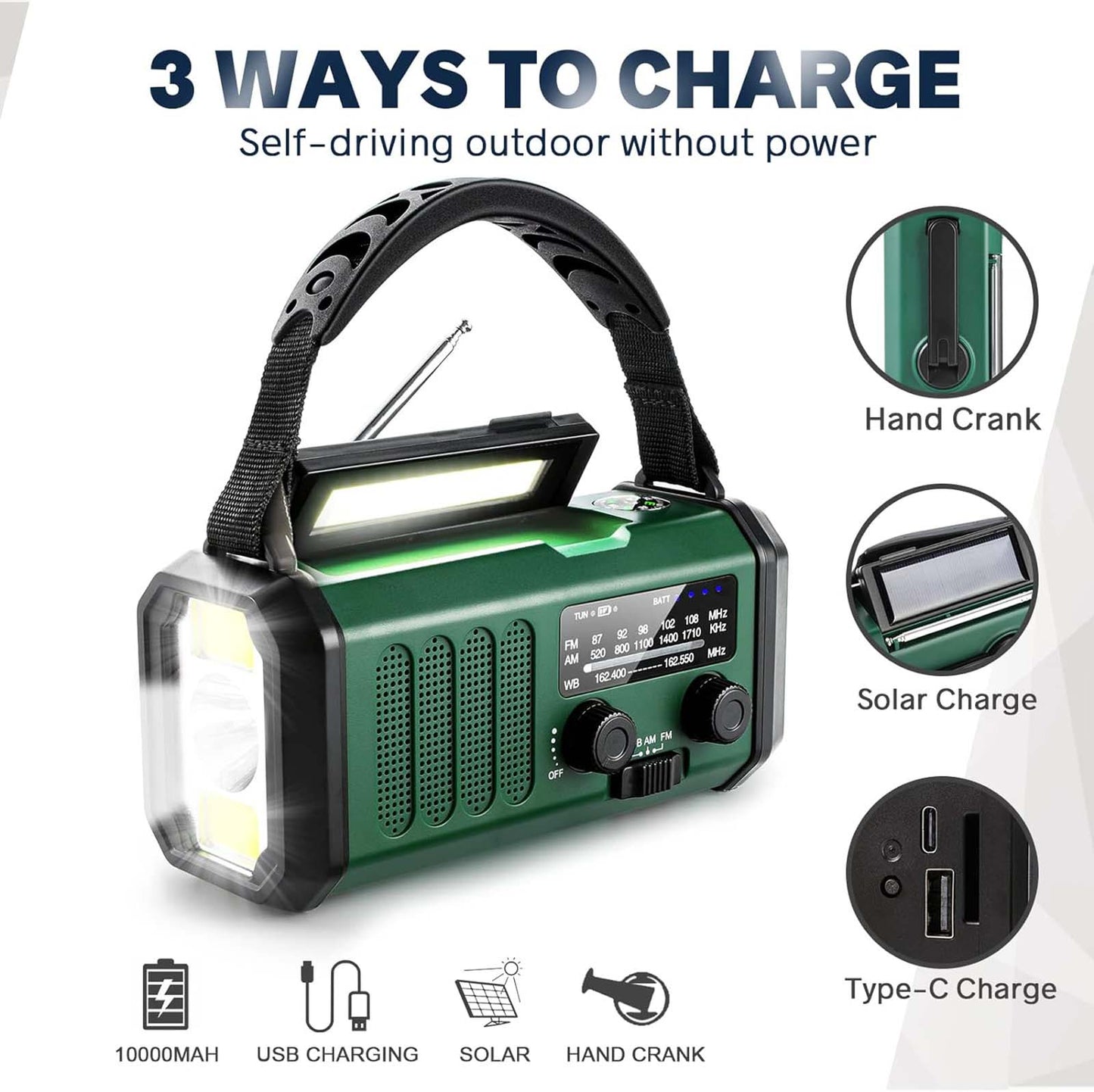 10000Mah Crank Radio, Emergency Radio, Solar Radio, Noaa/Am/Fm Weather Radio, Usb Type-C Charging, Dynamo Radio, Polymer Battery, Torch & Led Reading Light, Sos Alarm, Compass For Camping Green/Black