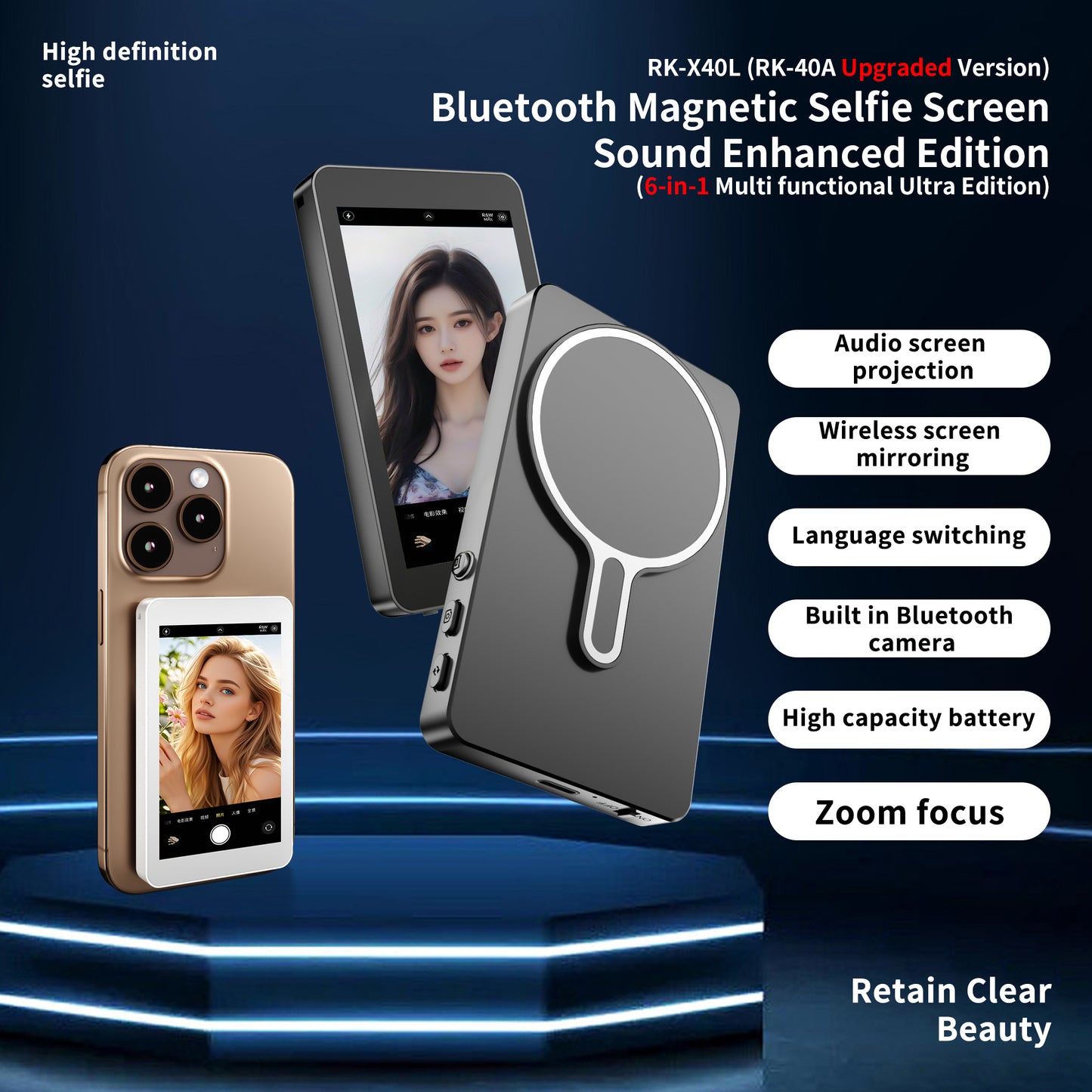 X40L Mobile Phone Selfie Screen Mirroring Device
（Sound+Focusing+Lanyard+Photo Edition）
（RK-X40A Upgraded Version）