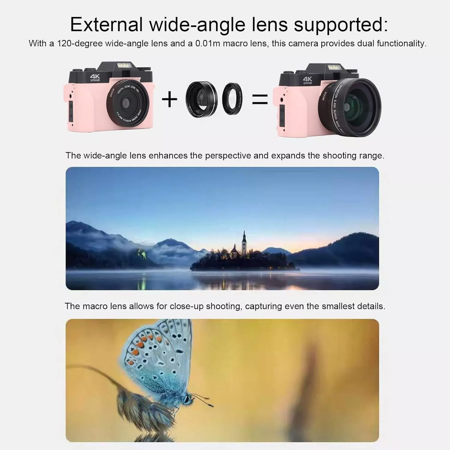 Digital Cameras for Photography, 4K 48MP Vlogging Camera 16X Digital Zoom Manual Focus Students Compact Camera with 52mm Wide-Angle Lens & Macro Lens, 32G Micro Card
