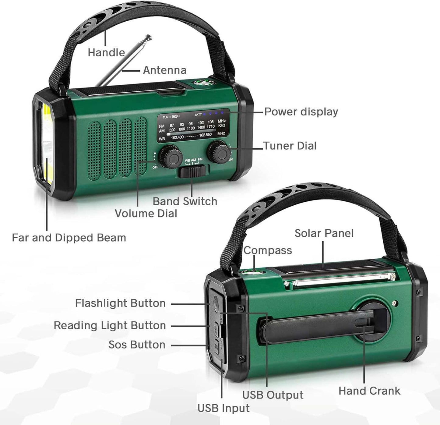 10000Mah Crank Radio, Emergency Radio, Solar Radio, Noaa/Am/Fm Weather Radio, Usb Type-C Charging, Dynamo Radio, Polymer Battery, Torch & Led Reading Light, Sos Alarm, Compass For Camping Green/Black