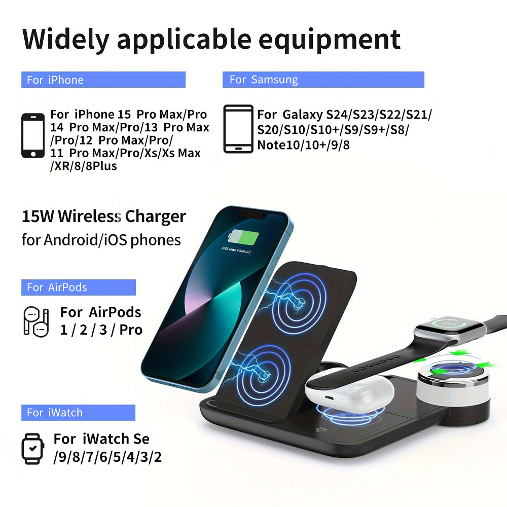 Foldable 3-in-1 Wireless Charging Station, 15W Fast Wireless Charger Stand, Night Light Wireless Charging for iPhone 15, 14, 13, 12, 11/Pro/Max/Mini/Plus, X, XR, XS/Max, SE, 8/Plus, for iWatch 1-9, for Airpods 3/2/Pro